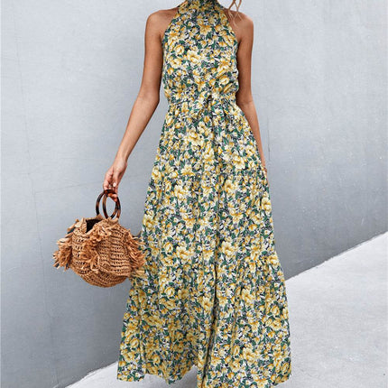 Printed Sleeveless Tie Waist Maxi Dress - MimiStylez