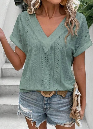 Eyelet V-Neck Short Sleeve Blouse - MimiStylez