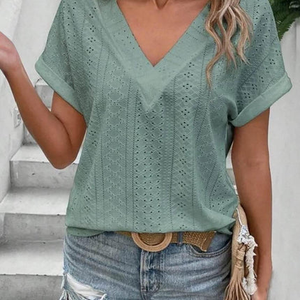 Eyelet V-Neck Short Sleeve Blouse - MimiStylez
