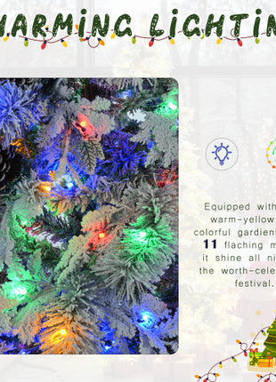 6FT Pre-Lit Spruce Snow Flocked Christmas Tree With Pine Cones, 250 Multi-Color LED Lights, 11 Flashing Modes