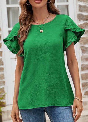 Textured Petal Sleeve Round Neck Tee - MimiStylez