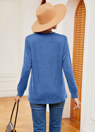 Buttoned Notched Neck Long Sleeve Top - MimiStylez
