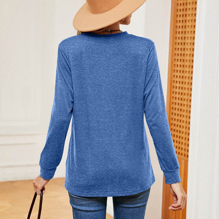 Buttoned Notched Neck Long Sleeve Top - MimiStylez