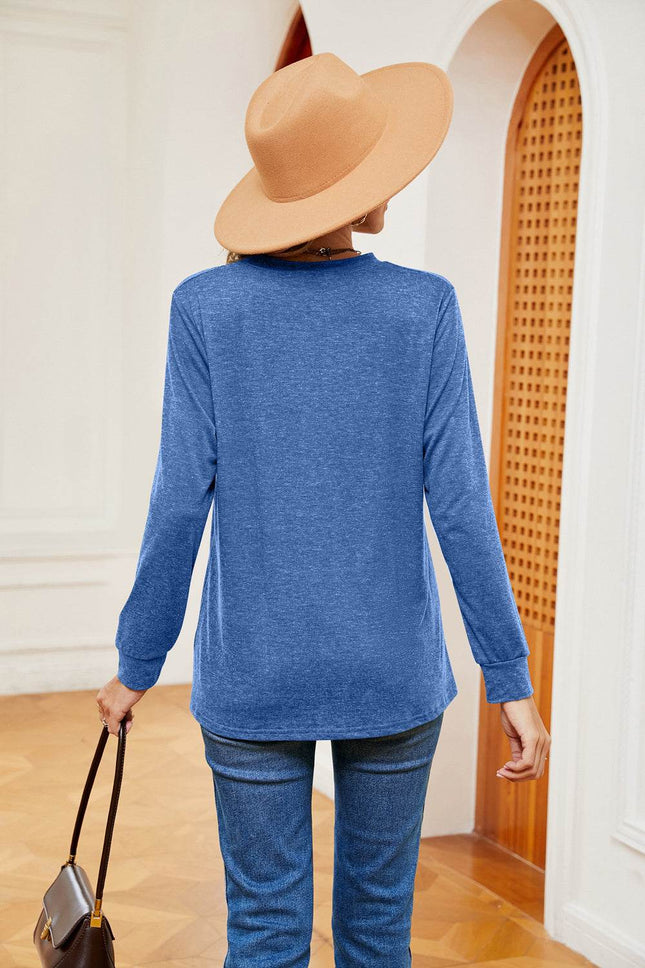 Buttoned Notched Neck Long Sleeve Top - MimiStylez
