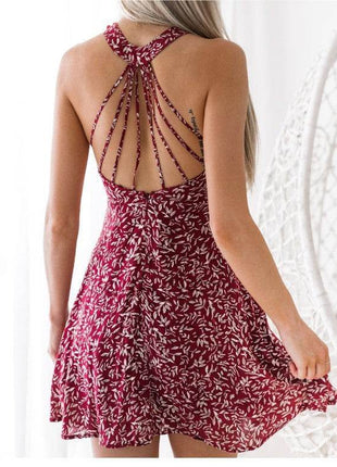 Sexy Halter Featured Backless Mini Print Dress - MimiStylez