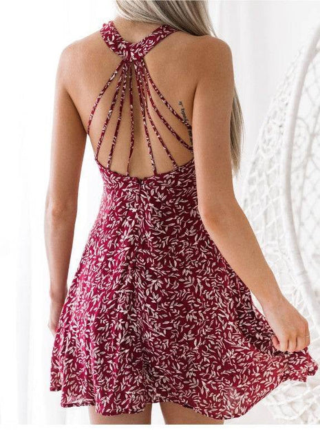 Sexy Halter Featured Backless Mini Print Dress - MimiStylez