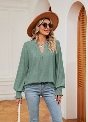 Notched Neck Flounce Sleeve Blouse - MimiStylez