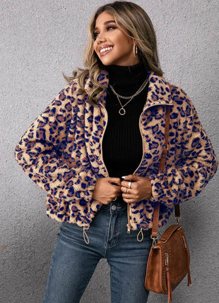 Drawstring Leopard Zip Up Jacket - MimiStylez