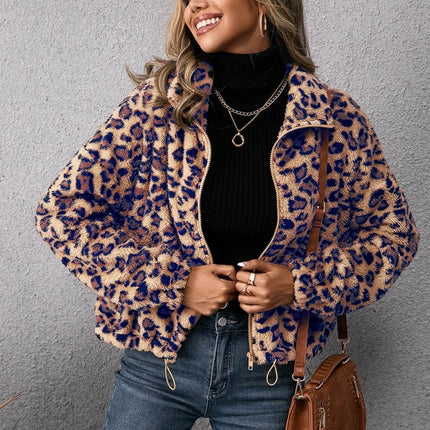 Drawstring Leopard Zip Up Jacket - MimiStylez