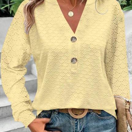 Eyelet Notched Long Sleeve T-Shirt - MimiStylez