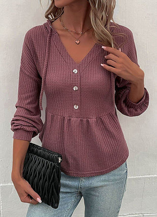 Waffle-Knit Buttoned Drop Shoulder Hoodie - MimiStylez