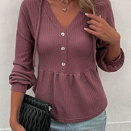 Waffle-Knit Buttoned Drop Shoulder Hoodie - MimiStylez