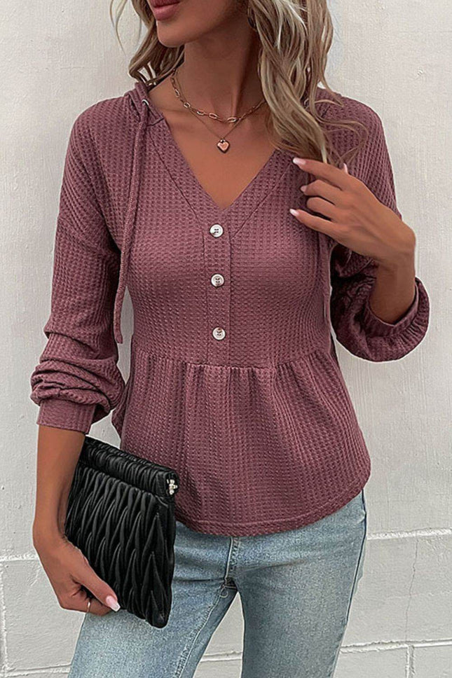 Waffle-Knit Buttoned Drop Shoulder Hoodie - MimiStylez