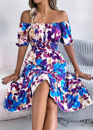 Ruffled Hem Smocked Floral Short Sleeve Midi Dress - MimiStylez