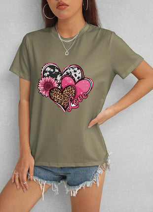 Heart Round Neck Short Sleeve T-Shirt - MimiStylez