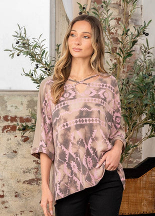 Sew In Love Full Size Aztec Distress Print Half Sleeve Crisscross Top - MimiStylez
