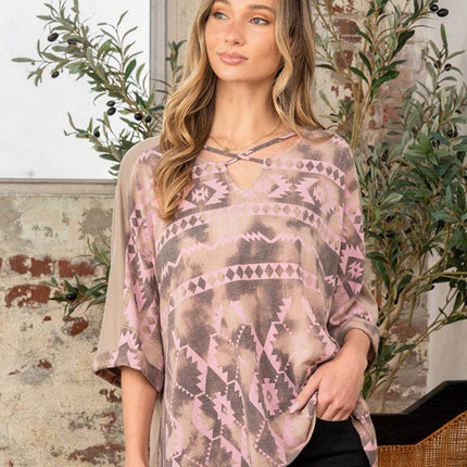 Sew In Love Full Size Aztec Distress Print Half Sleeve Crisscross Top - MimiStylez
