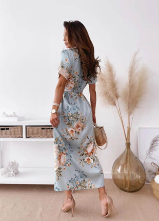 Printed Tie Waist Short Sleeve Midi Shirt Dress - MimiStylez