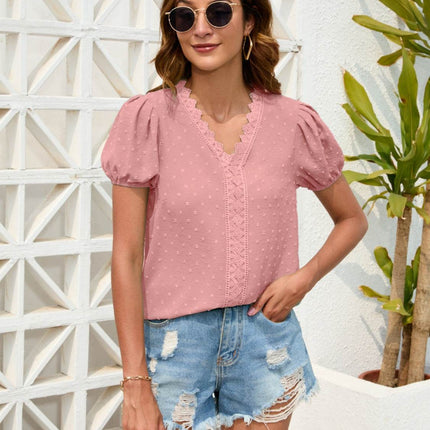 Swiss Dot Lace Detail V-Neck Blouse - MimiStylez