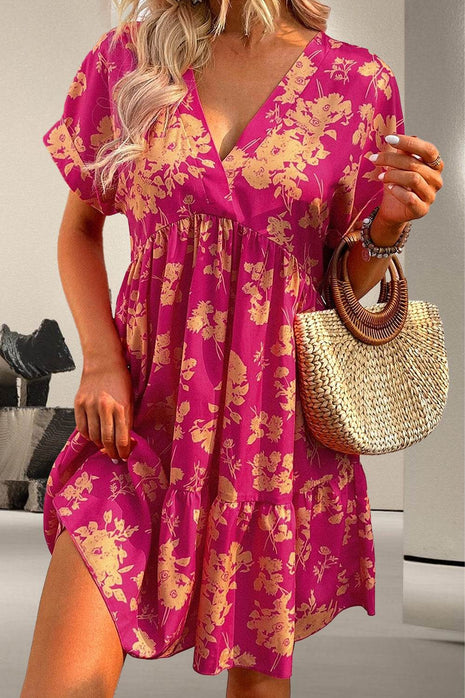 Printed Surplice Short Sleeve Mini Dress - MimiStylez