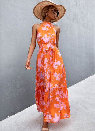 Printed Sleeveless Tie Waist Maxi Dress - MimiStylez