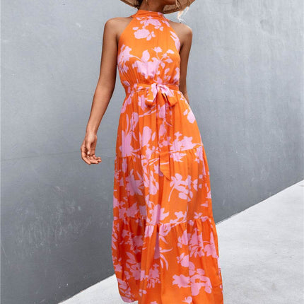 Printed Sleeveless Tie Waist Maxi Dress - MimiStylez