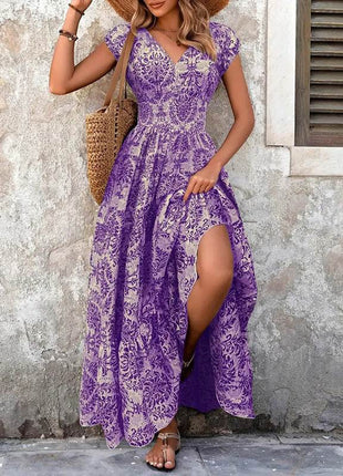 Women's Sexy V-Neck Short Sleeve Maxi Dress Summer Prints And Flowy Big Hem Beach Dresses - MimiStylez