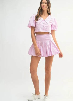 MABLE Puff Sleeve Button Down Top and Bubble Skirt Set - MimiStylez