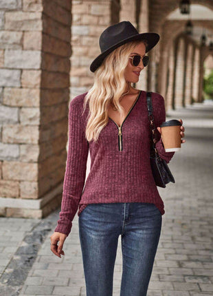 Half-Zip V-Neck Long Sleeve Top - MimiStylez