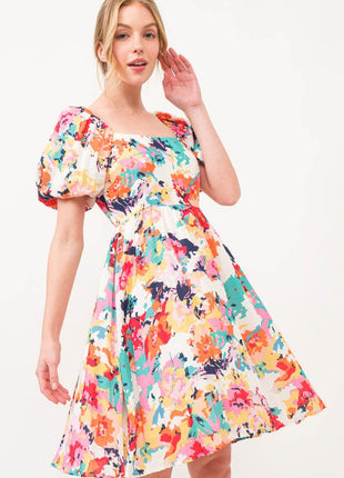 And The Why Square Neck Puff Sleeve Floral Dress - MimiStylez