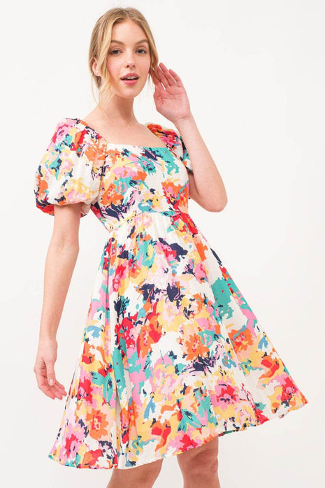 And The Why Square Neck Puff Sleeve Floral Dress - MimiStylez