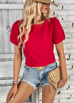 Round Neck Slit Short Sleeve Top - MimiStylez