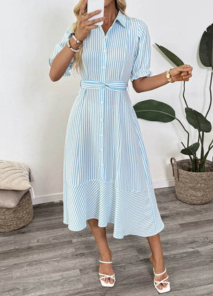 Striped Button-Down Midi Shirt Dress with Ruffle Sleeves - MimiStylez
