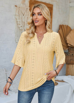 Eyelet Notched Half Sleeve T-Shirt - MimiStylez