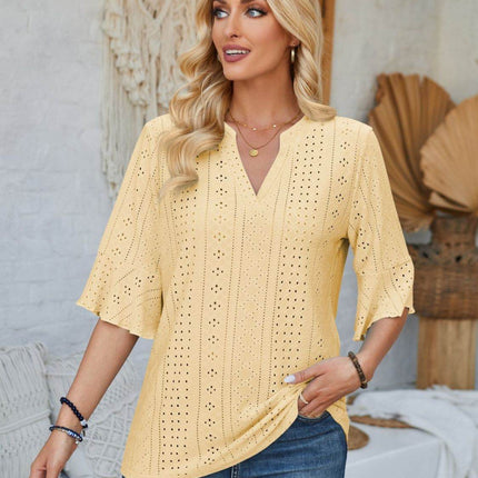 Eyelet Notched Half Sleeve T-Shirt - MimiStylez