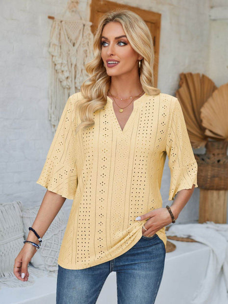 Eyelet Notched Half Sleeve T-Shirt - MimiStylez
