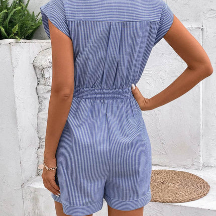Striped Notched Tie Waist Romper - MimiStylez