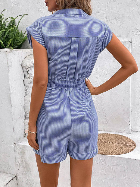 Striped Notched Tie Waist Romper - MimiStylez