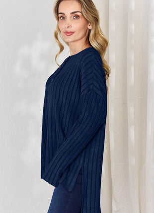 Basic Bae Full Size Ribbed Half Button Long Sleeve High-Low T-Shirt - MimiStylez