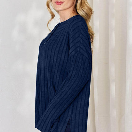 Basic Bae Full Size Ribbed Half Button Long Sleeve High-Low T-Shirt - MimiStylez