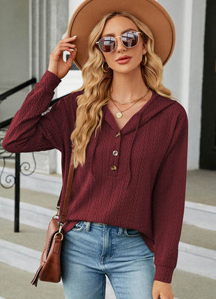 Drawstring Half Button Long Sleeve Hoodie - MimiStylez