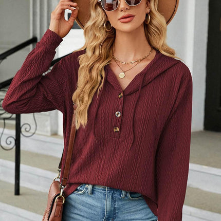 Drawstring Half Button Long Sleeve Hoodie - MimiStylez