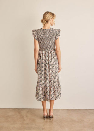 In February Floral Smocked Ruffled Midi Dress - MimiStylez
