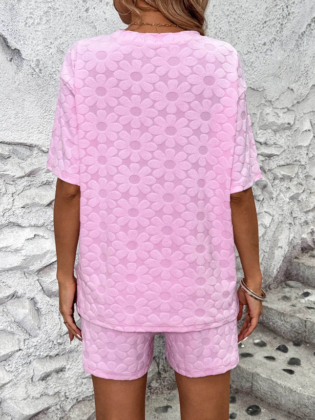 Flower Round Neck Top and Shorts Lounge Set - MimiStylez