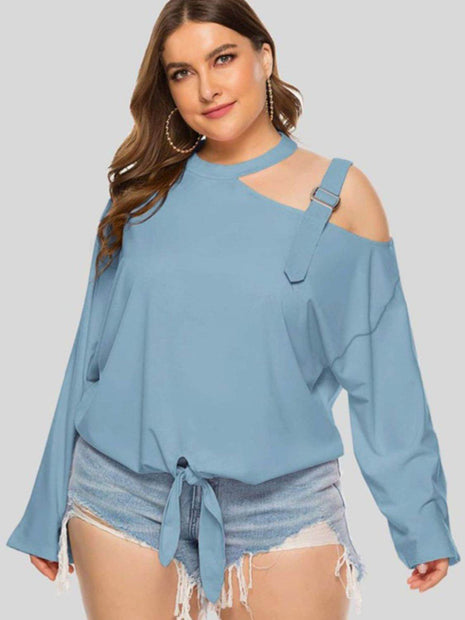 Plus Size Cold-Shoulder Tied Top - MimiStylez