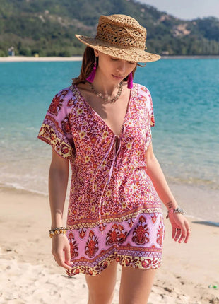 Printed V-Neck Short Sleeve Romper - MimiStylez