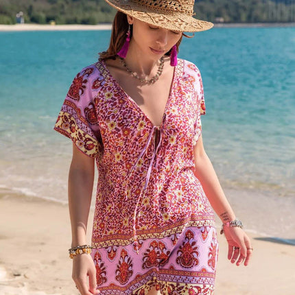 Printed V-Neck Short Sleeve Romper - MimiStylez