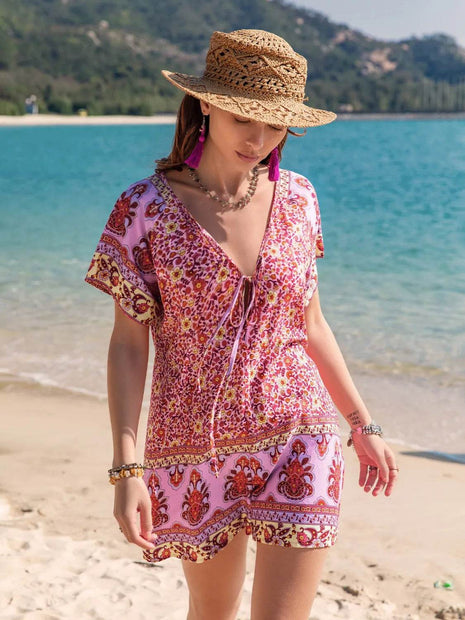 Printed V-Neck Short Sleeve Romper - MimiStylez