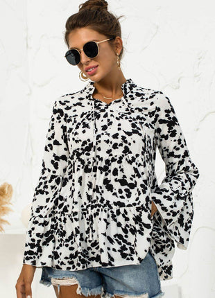 Printed Flare Sleeve Tie Neck Ruffle Trim Blouse - MimiStylez