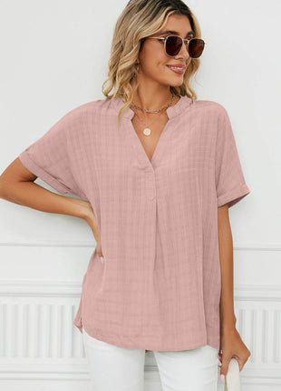 Side Slit Notched Neck Cuffed Short Sleeve Blouse - MimiStylez